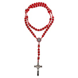 Red Crystals St. Benedict Medal Rosary Necklace San Benito Rosario Catholic Jesus Crucifix Rosary Prayer Gifts for Women (Silver)