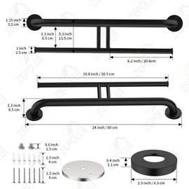 24 inch Black Grab Bar w/Double Roll Toilet Paper Holder, Zepolu 2-in-1 Safety Assist Bar Balanced Support Handle, Stainless Steel Wall Mounted Bathroom Toilet Grab Bar for Senior Elderly Handicap