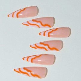 Long Stiletto Press on Nails Almond False Nails French Tip Fake Nails with Orange color Designs Stick on Nails Glossy Artificial Nails Cute Glue on Nails for Women 24Pcs