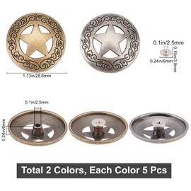 GORGECRAFT 1 Box 10 Sets Screw Back Button Engraved Star Concho Hollow Out Decorative Buttons Round Vintage Bronze and Silver Metal Tack Buckle Replacement Castings Western Rodeo DIY Leather Craft