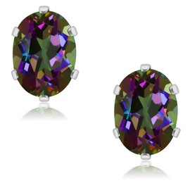 Gem Stone King 925 Sterling Silver Green Mystic Topaz Stud Earrings For Women Men (2.90 Cttw, Gemstone Birthstone, Oval 8X6MM)