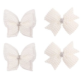 Double Layer Pearl Hair Bows for Girls, White Butterfly Flower Alligator Hair Bow Clip Wedding Rhinestone Hair Accessories for Baby Infants Toddlers Kids Xmas Party Gifts (4 PCS H)
