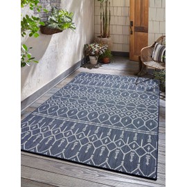 Adiva Rugs Outdoor Indoor Area Rug, Weather Resistant, Easy to Clean, Stain Resistant Floor Mat for Dining Room, Backyard, Deck, Patio (Navy Weiss, 5' x 7')