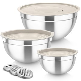 TeamFar Mixing Bowls, Stainless Steel Nesting Salad Bowls with Lids Set of 3 & 3 Grater Attachments, For Mixing/Serving/Storing, Non-toxic & Long-lasting, Size 4.6/3 / 1.5 QT, Khaki