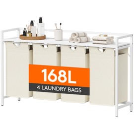 Lifewit Laundry Hamper 4 Section, 168L Pull out Laundry Clothes Basket Organizer with Large Top Shelf and 4 Removable Bags and Handles for Laundry Room Bedroom Bathroom, White with A Shelf