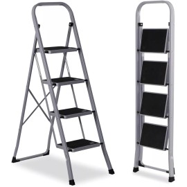 SEGAWE 4 Step Ladder Folding Step Stool with Wide Anti-Slip Pedal 330 lbs Capacity Grey