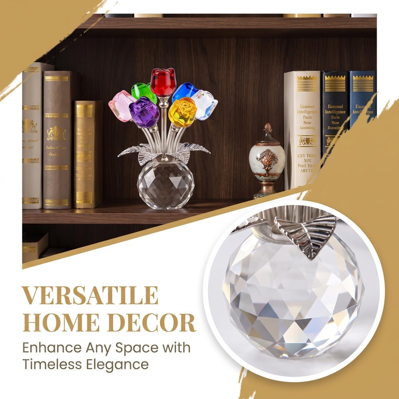 Elovara 3D Handmade Crystal Rose Ornament with Base,Glass Flowers