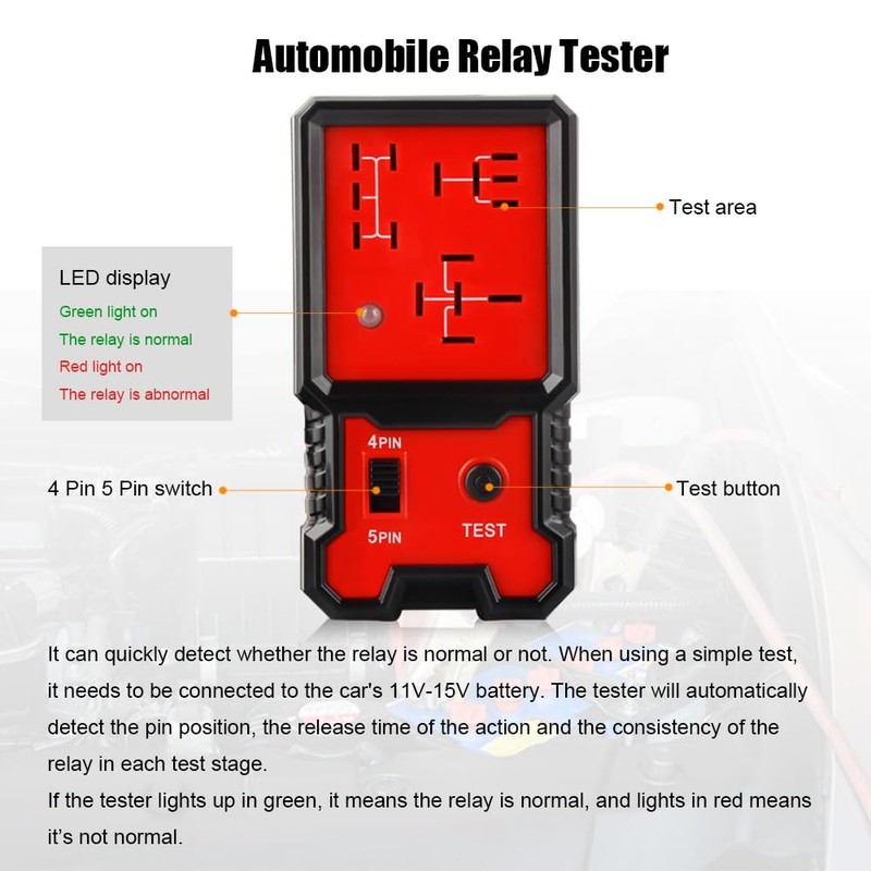 Greluma 1 Stück Auto-Relaistester,12V elektronischer Relaisprüfer,Autobatterietester mit Clips für automatische