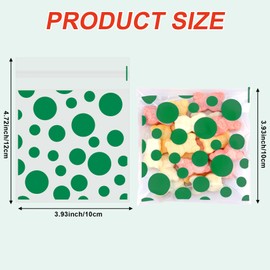 Green Cellophane Treat Bags, 100Pcs Cookie Bags with Seal, Plastic Polka Dot Stripes Self Sealing Cookie Candy Gift Goodie Snack Bag for Birthday Christmas Wedding Party Favor Supplies, 3.9 X 4.7 Inch