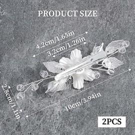 2 Pcs bridal hair clips, white flower hair clip,Wedding Hair Pins with Pearls & Silver Leaf Vine for Wedding Paty Birthday