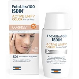 ISDIN FotoUltra 100 Active Unify SPF 50+, Protector Solar Facial con color, Aclara y unifica el tono de piel, 50 ml