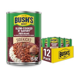 BUSH'S BEST 15oz Canned Slow-Cooked N' Savory Pinto Beans, Source of Plant Based Protein and Fiber, Low Fat, Gluten Free, (Pack of 12)
