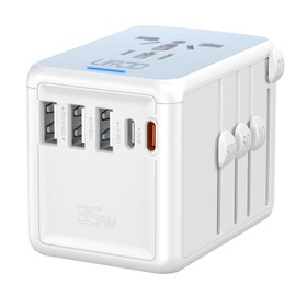 URJD Universal Travel Adapter 35W PD Fast Charging Offers 3X2.4A USB-A Ports, 2X USB-C Ports and Multi AC Outlet, International Plug Converter Worldwide Travel Charger All in One for EU US UK AUS