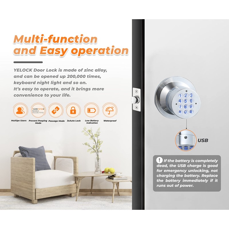 Keyless Electronic Entry Door Knob, Keypad Smart Door Knob, Interior