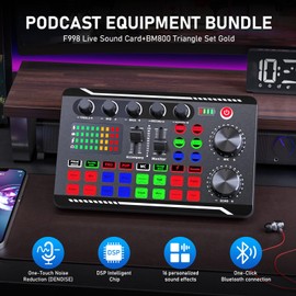 Facmogu Podcast Equipment Bundle, F998 Live Sound Card with BM800 Recording Studio Microphone, Professional Live Sound Card w/Dj Mixer Effects & Voice Changer for Live Streaming Gaming YouTube TikTok