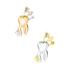 Plikin 2pcs Dental Teeth Pins Brooch Medical Dentist Lapel Backpack Toothbrush Oral Care Gold Silver Pins Badge for Doctors Nurses