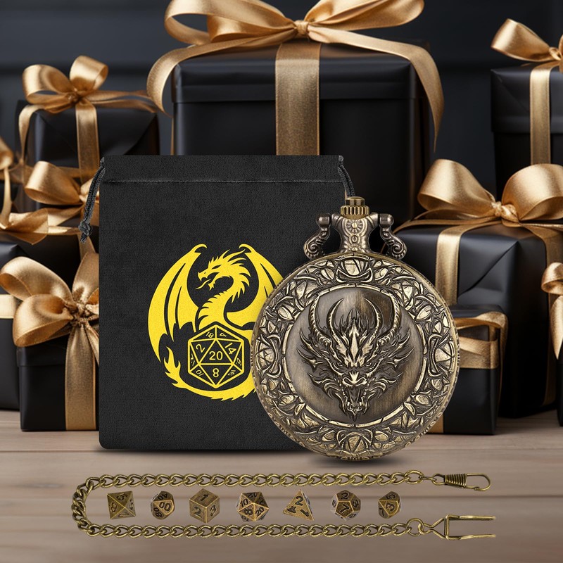 Mini DND Dice Set, with Steampunk Dragon Head Pocket Watch