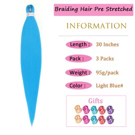 Light Blue Braiding Hair Pre stretched 30 Inch 3 Packs Pre stretched Braiding Hair Ago Yaki Texture Synthetic Hair Extension Itch Free Hot Water Setting(30", Light Blue#,3Packs)