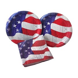 4th of July Vintage American Flag Party Bundle Includes Paper Plates and Napkins for 16 Guests