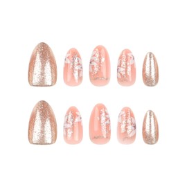 ONPRESS 24Pcs Flower Press on Nails Short Almond Oval Fake Nails Gold Glitter Power Full Cover Glossy False Nails White Spring Summer Floral Acrylic Nails Glue on Nails for Women Daily Manicure Decor
