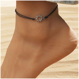 Cimenexe Bohemian Sun Anklet Black Woven Rope Ankle Bracelet Silver Sunshine Chain Anklet Adjustable Wax Anklet Summer Beach Anklet Jewellery for Women and Girls