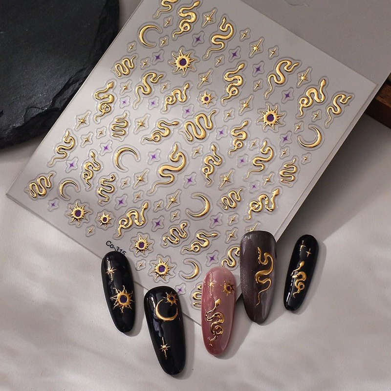 2 Sheets 5D Embossed Snake Nail Stickers Gold Star Nail