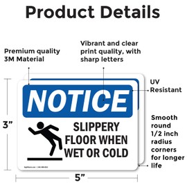 (2 Pack) Slippery Floor When Wet Or Cold Sign With Symbol OSHA Notice Sign 5 Inch X 3.5 Inch Vinyl Label Decal Sticker Weather Resistant, UV Protected for Workplace, Construction Site, Made in the USA