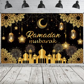 Ramadan Mubarak Banner, Extra Large Fabric Eid Kareem Background for Decorations, 72 x 44 Inch Star Moon Lanterns Castles Photo Booth Background for Islamic Muslim Al-Fitr Party Supplies