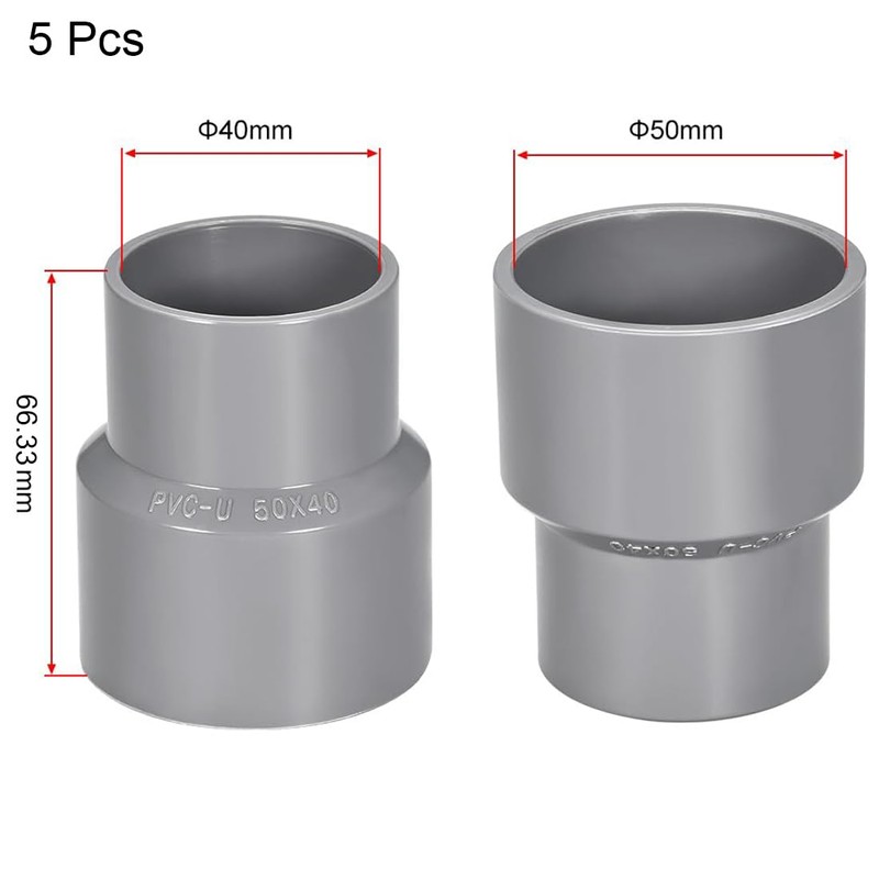 TOP-VIGOR 5Pcs PVC DWV Reducing Coupling, 40mm x 50mm Socket