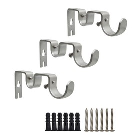 Shonmogar Double Curtain Rod Bracket 3 Pack Metal Curtain Rod Holders for Wall Sturdy Curtain Hook for 1 Inch Curtain Rod Silver Wall Mounted Curtain Rod Hooks for Home Office, CH-003