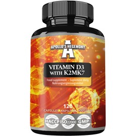 Vitamin D3 4000 UI with K2 MK7-120 Capsules - Potent Bone and Blood Health Support - 4 Month Supply - Diet Supplement by Apollo's Hegemony