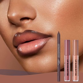 FIVEFULU 2 Colors Hydrating Butter Gloss Lip Combo Set For Women, 【Lightweight Shine】【 Natural Nude Tint】【 Moisturizing Long-Lasting】 Nourishing Liquid Lipstick Lip Glow Kit With Lip Liner