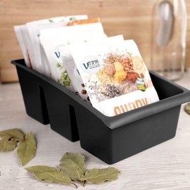 Vilde Kitchen Organiser, Storage Box for Spices, Bag Soups, Spice Sorter with 3 Compartments, Black, 25 x 15 x 9 cm, Made in EU