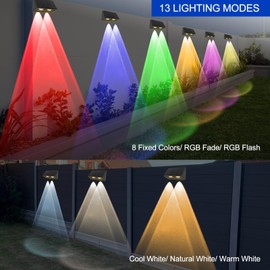 Solar Fence Lights Outdoor - 3000/4000/6000K & 8 RGB Colors, IP65 Waterproof LED Fence Lights Solar Powered, 100 Lumens Outdoor Light for Yard, Patio, Deck, Wall, Stair, Step, Railing, 4-Pack