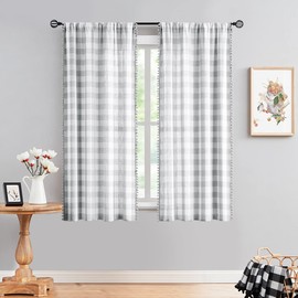 Treatmentex Grey-White Buffalo Check Pompom Curtains for Living Room 45 inch Length Gingham Plaid Semi Sheer Window Drapes for Small Windows Country Rustic Farmhouse Décor 2pcs