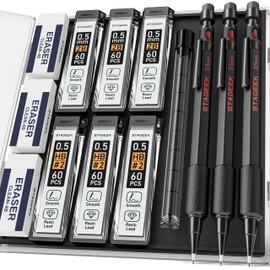 STAGEEK Metal Mechanical Pencils 0.5 with 6 Tubes (360 Pieces) HB and 2B Leads, 3 Pieces Weatherproof Outdoor Artist Pencils with Case, 4B Erasers for Writing, Drawing and Sketching