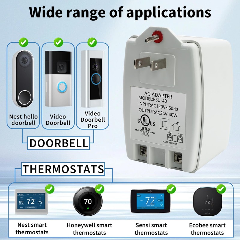 24V 40VA Plug-in Transformer,Doorbell AC Power Supply Adapter with PTC