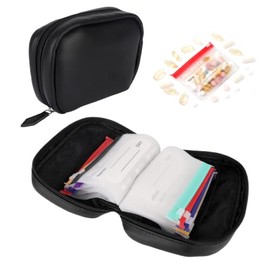 Waterproof Pill Pouch Set, Portable Pill Organizer with 14 Color-Coded Replaceable Bags Travel Zippered Storage Case for Vitamins and Fish Oils (Black)