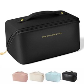 Cosmetiquera de Viaje para Mujer, Bolsa de Maquillaje de Gran Capacidad y Impermeable, Neceser Chica de Cuero PU con Asa, Portátil Bolsas de Cosméticos Organizador con Múltiples Compartimentos-Negro