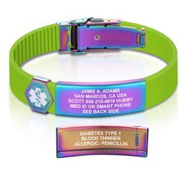 Divoti Custom Dual-Sided Engraved Silicone Medical Alert ID Wristband w/Security Clasp & Trim-to-Fit Lime Range Silicone Band w/Security Clasp - 14MM PVD Rainbow/White