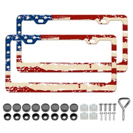 HCSS 2PCS Retro American Flag License Plate Frames, Patriotic USA Flag Aluminum Metal Car Plate Holder Covers, Rust-Proof Waterproof Car Decorative Tag Frames for Standard US 12x6 Inch