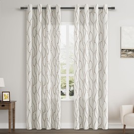 Cream Linen Textured Curtains 84 inches Long 2 Panels set for Bedroom Light Reducing Draperies Farmhouse Jacquard Grommet Curtains Brown Wave Line with Stars Pattern Embroidered on Beige 52x84