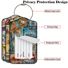 Travel Stamp Luggage Tag 3 Pack Travel Cruise Luggage Tags for Suitcases, Identifiers Bag Tags with Privacy Flap, Baggage Name Tag for Women Men Luggage Backpack Handbag School Bag