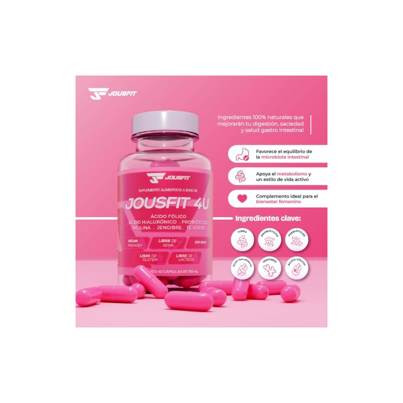 Jousfit 4U Suplemento Alimenticio en Cápsulas con Fibra, Probióticos, Prebióticos,