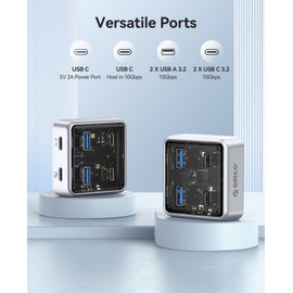 ORICO USB Hub 3.2, 4 Ports USB 3.2 Gen2 Hub, Zinc Alloy USB Hub 10 Gbps, 2 USB A Ports, 2 USB C Ports, 5 V Power Port, Compatible with MacBook, iMac, Surface Pro, XPS, Mobile HDD