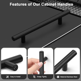 Probrico 10 Pack Matte Black Cabinet Handles Euro Style T Bar Stainless Steel Drawer Handles and Pulls Kitchen Cupboard Handles Hole Center 128mm
