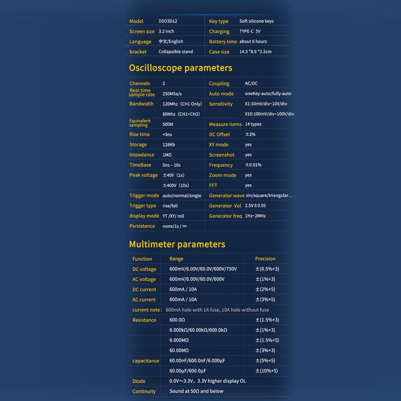 3 In1 Digital Oscilloscope 3.2in IPS Display 250MSa/s Sampling Rate