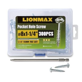 LIONMAX Pocket Hole Screws 1-1/4 Inch, 300PCS #8 x 1-1/4" Pocket Screw with Square Drive, Coarse Threads, for Indoor Wood Project, Zinc Plated, 150MM Drive Bit Included