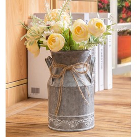 TIMRIS Vintage Galvanized Milk Can, Farmhouse Decorative Flower Pitcher Vase, Rustic French Country Metal Jug for Flowers,7.2'' H