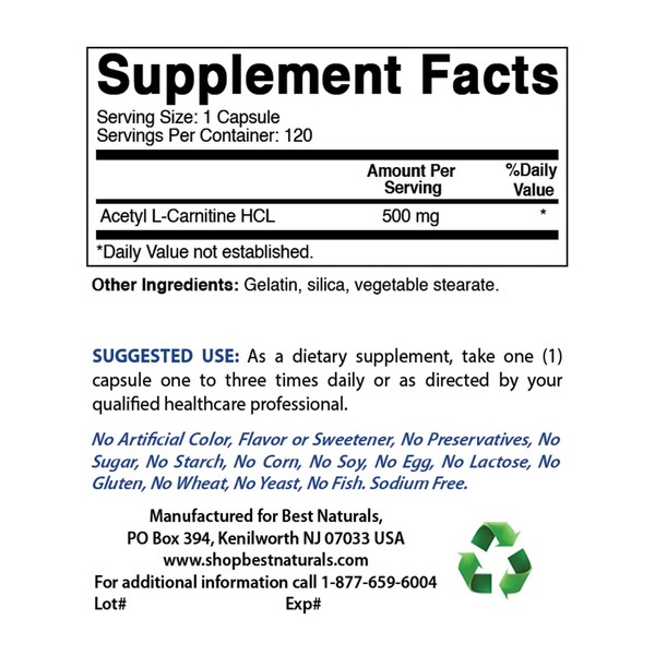 Best Naturals Best Naturals Acetyl L-Carnitine 500 Mg 120 Capsules